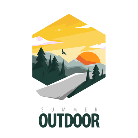 Design Icon Concepts Mountain Landscape in Hexagon with Text. Concepts Web Banner and Printed Materials. Trendy and Beautiful. Summer is Comingのイラスト素材