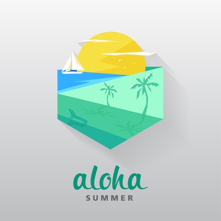 Design Illustration Concepts Summer Landscape with Style Typography. Illustration. Concepts Web and Printed Materials. Trendy. Polygonal Backgroundのイラスト素材