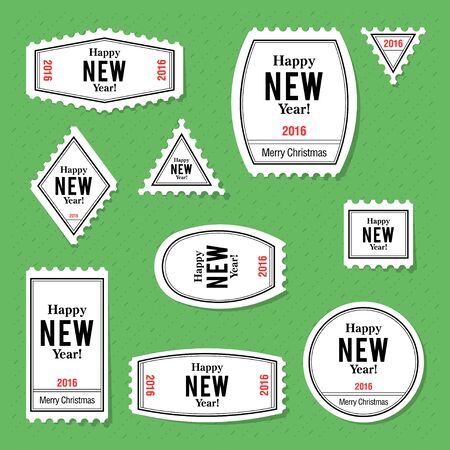 Collection of new year 2016 postage stamps, notes, stickers, labels, tags with cute ornament illustrations. Template for scrapbooking, wrapping, notebooks, notebook, diary, decalsのイラスト素材