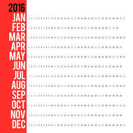 Calendar for 2016. Week Starts Monday. Simple Vector Template. Concepts Web Banner and Printed Materials. Flat Elementsのイラスト素材