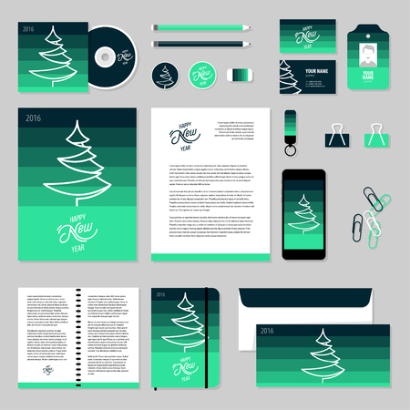 Corporate identity business set design. Vector stationery template design with christmas tree, 2016, new year elements. Documentation for business.のイラスト素材