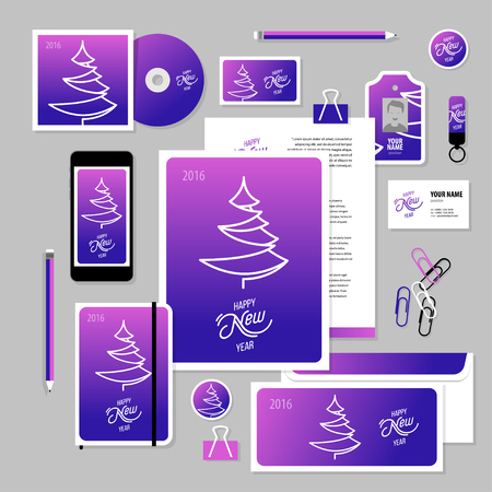 Corporate identity business set design. Vector stationery template design with christmas tree, 2016, new year elements. Documentation for business.のイラスト素材