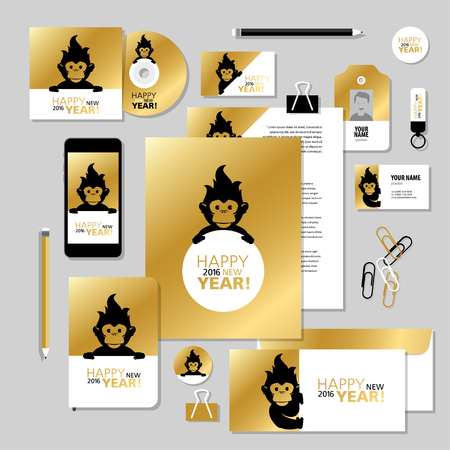 Collection of new year 2016 cards with fire monkey icon, notes, stickers, labels, tags with cute ornament illustrations. Template for scrapbooking, wrapping, notebooks, notebook, diaryのイラスト素材