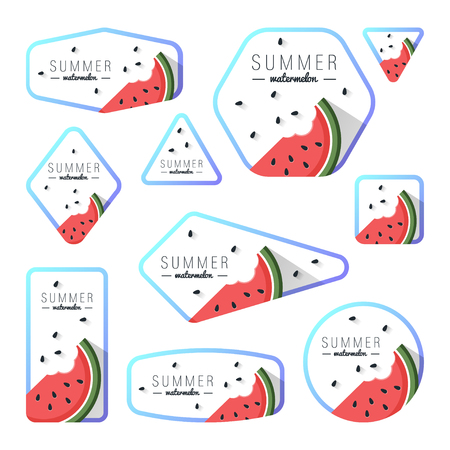 Collection of summer watermelon cards, notes, stickers, labels, tags with cute ornament illustrations. Template for scrapbooking, wrapping, notebooks, notebook, diary, decals, school accessoriesのイラスト素材