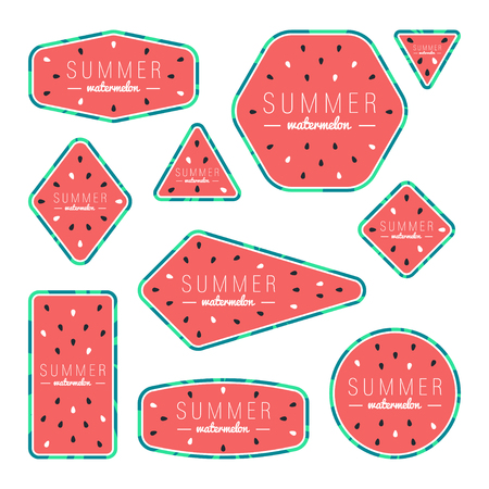 Collection of summer watermelon cards, notes, stickers, labels, tags with cute ornament illustrations. Template for scrapbooking, wrapping, notebooks, notebook, diary, decals, school accessoriesのイラスト素材