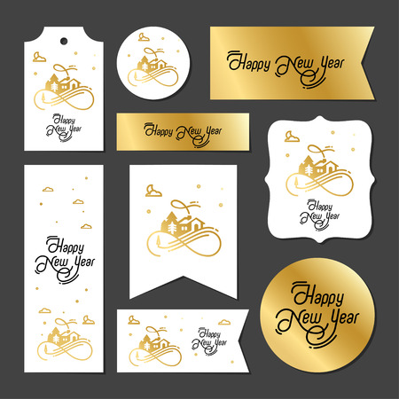 Collection of new year 2016 cards on gold background, notes, stickers, labels, tags with cute ornament illustrations. Template for scrapbooking, wrapping, notebooks, notebook, diary, decals,のイラスト素材