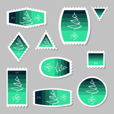 Collection of new year 2016 postage stamps with christmas tree, notes, stickers, labels, tags with cute ornament illustrations. Template for scrapbooking, wrapping, notebooks, notebook, diary, decalsのイラスト素材