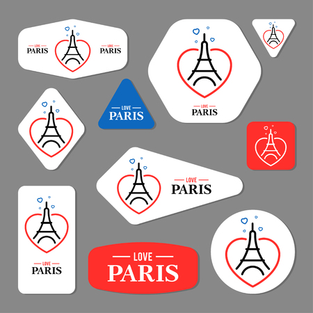 Collection of Eiffel Tower cards, notes, stickers, labels, tags with cute ornament illustrations. Template for scrapbooking, wrapping, notebooks, notebook, diary, decals, school accessoriesのイラスト素材