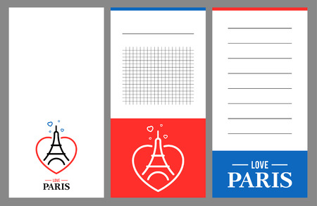 Collection of Eiffel Tower cards, notes, stickers, labels, tags with cute ornament illustrations. Template for scrapbooking, wrapping, notebooks, notebook, diary, decals, school accessoriesのイラスト素材