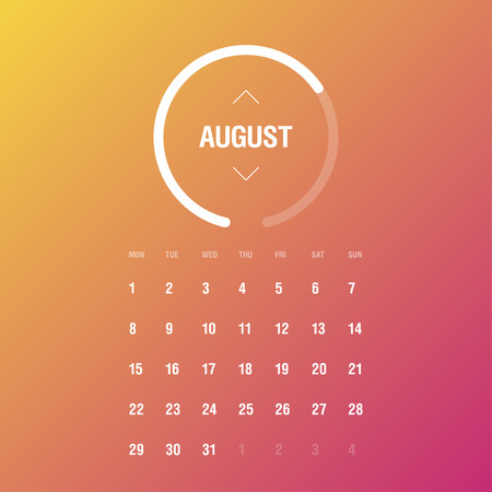Calendar 2016. August. Week Starts Monday. Gradient backgroundのイラスト素材