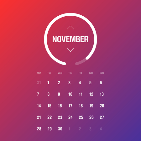 Calendar 2016. November. Week Starts Monday. Gradient backgroundのイラスト素材
