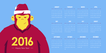 Design Illustration Concepts Calendar 2016 year with Symbol Monkey. Vector Illustration. Concepts Web Banner and Printed Materials. Trendy and Beautiful. Flat Elementsのイラスト素材