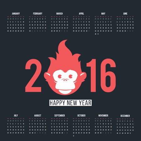 Design Illustration Concepts Calendar 2016 year with Symbol Monkey. Vector Illustration. Concepts Web Banner and Printed Materials. Trendy and Beautiful. Flat Elementsのイラスト素材