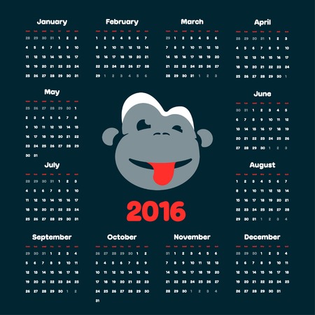 Design Illustration Concepts Calendar 2016 year with Symbol Monkey. Vector Illustration. Concepts Web Banner and Printed Materials. Trendy and Beautiful. Flat Elementsのイラスト素材