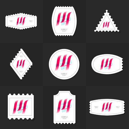 Collection of valentine's day postage stamp, 14 february cards, notes, stickers, labels, tags with cute ornament illustrations. Template for scrapbooking, wrapping, notebooksのイラスト素材