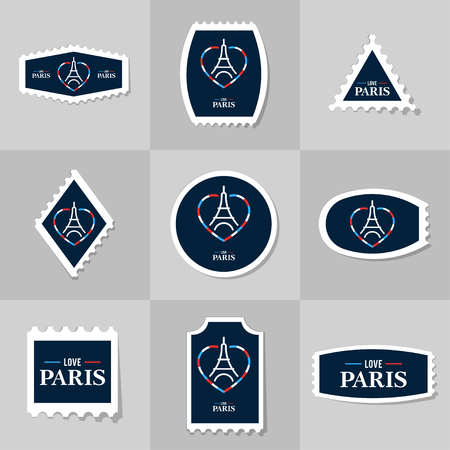 Collection of Eiffel Tower postage stamp, cards, notes, stickers, labels, tags with cute ornament illustrations. Template for scrapbooking, wrapping, notebooks, notebook, diary, decals, school accessoriesのイラスト素材