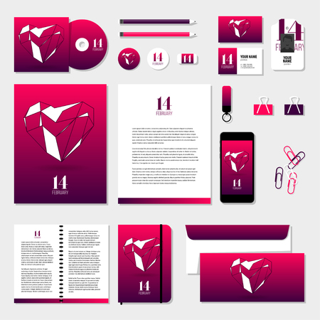 Corporate identity business set design. Vector stationery template design with valentines day elements, love, 14 february. Documentation for business.のイラスト素材