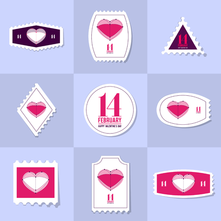 Collection of Heart on Valentine's Day postage stamp, cards, notes, stickers, labels, tags. Template for scrapbooking, wrapping, notebooks, notebook, diary, decals, school accessoriesのイラスト素材
