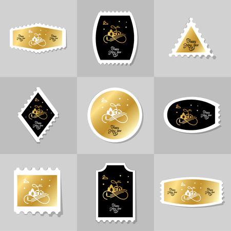 Collection of New Year postage stamp, cards, notes, stickers, labels, tags. Template for scrapbooking, wrapping, notebooks, notebook, diary, decals, school accessoriesのイラスト素材