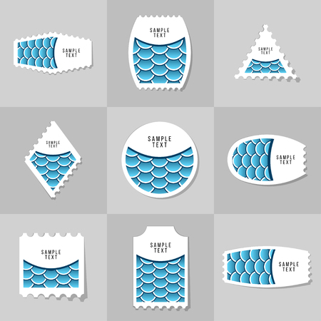 Collection of Fish Or Snake Scales postage stamp, cards, notes, stickers, labels, tags. Template for scrapbooking, wrapping, notebooksのイラスト素材