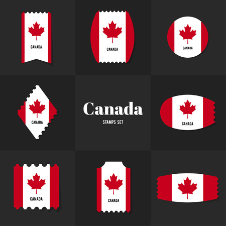 Collection Canadian Flag postage stamp, cards, notes, stickers, labels, tags. Template for scrapbooking, wrapping, notebooksのイラスト素材