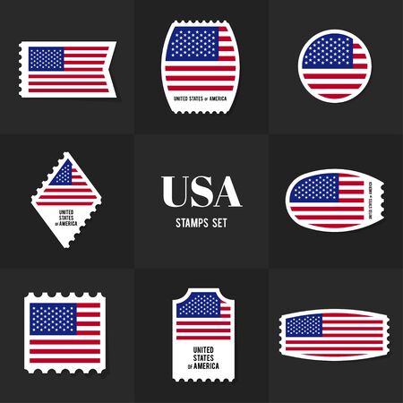 Collection American Flag postage stamp, cards, notes, stickers, labels, tags. Template for scrapbooking, wrapping, notebooksのイラスト素材