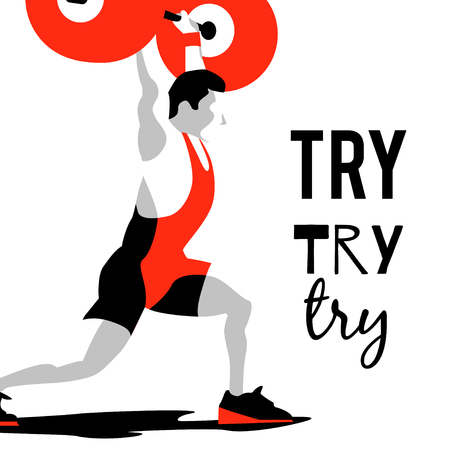 Weight Lifting athlete and motivational slogan. Try try try. Squat and jerk. Colorful symbolのイラスト素材