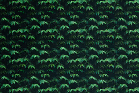 The background texture is a wall of tree branches with green leaves.