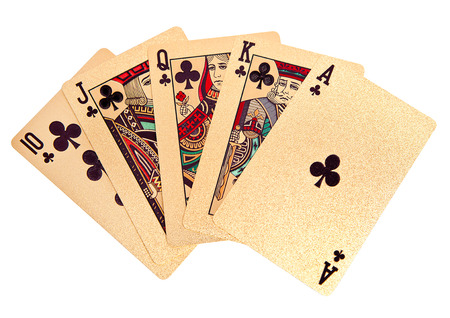 Royal straight flush golden playing cards poker hand. On white background