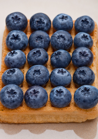Blueberries on top of sweet waffle on plate closeup. Still lifeの写真素材