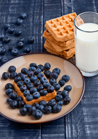 Blueberries  and waffles on plate with milk glass. Still lifeの写真素材