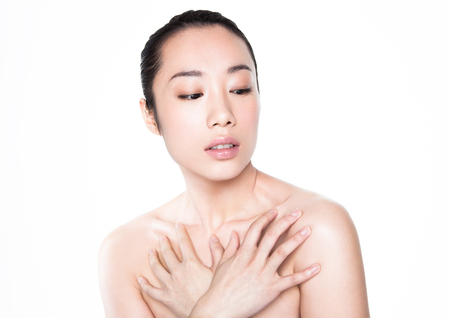 Beauty asian woman healthy cosmetic makeup portrait on white backgroundの写真素材