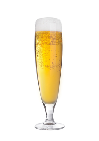 Glass of beer cider elegant with foam isolated on white backgroundの写真素材