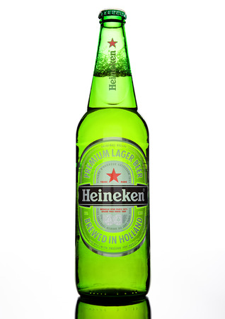 LONDON,UK -OCTOBER 17, 2016: Bottle of Heineken Lager Beer on white background. Heineken is the flagship product of Heineken Internationalのeditorial素材