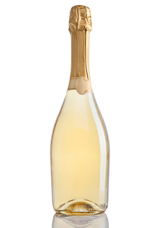 Bottle of champagne golden yellow color on white backgroundの写真素材