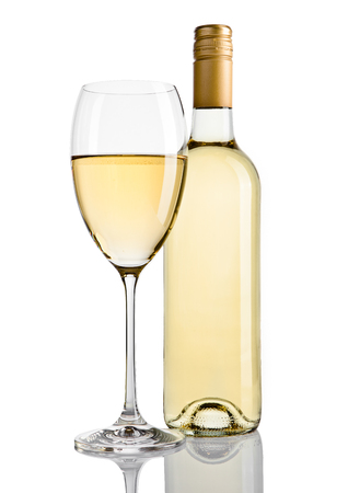 Bottle and glass of white wine with reflection on white backgroundの写真素材