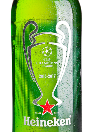 LONDON,UK -NOVEMBER 01, 2016: Bottle of Heineken Lager Beer on white background. Champions league 2016-2017. Heineken is the flagship product of Heineken Internationalのeditorial素材