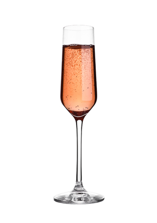 Glass of pink rose champagne with bubbles on white background isolatedの写真素材