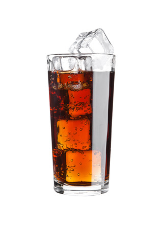 Glass of cola soda drink cold with ice cubes on white backgroundの写真素材