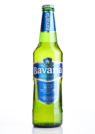LONDON, UK - NOVEMBER 05 , 2016.Cold  bottle of Bavaria Premium Beer, on white background. Bavaria is the second largest brewery in the Netherlands founded before 1680.のeditorial素材