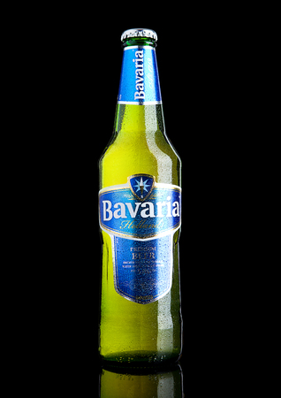 LONDON, UK - NOVEMBER 05 , 2016.Cold  bottle of Bavaria Premium Beer, on black background. Bavaria is the second largest brewery in the Netherlands founded before 1680.のeditorial素材