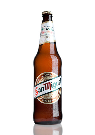 LONDON, UK- NOVEMBER, 2016: Cold bottle of San Miguel beer. The San Miguel brand of beer is the leading brand of the San Miguel Brewery Inc, the largest beer producer in the Philippines.のeditorial素材