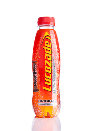 LONDON, UK - NOVEMBER 05, 2016: Lucozade Original Energy Drink shot in studio on white backgroundのeditorial素材