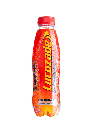 LONDON, UK - NOVEMBER 05, 2016: Lucozade Original Energy Drink shot in studio on white backgroundのeditorial素材