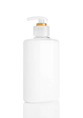 Hand soap shampoo container on white background with reflectionの写真素材