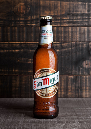 LONDON, UK- NOVEMBER 15 ,2016: Cold bottle of San Miguel beer. The San Miguel brand of beer is the leading brand of the San Miguel Brewery Inc, the largest beer producer in the Philippines.のeditorial素材