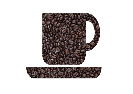 Cup of black coffee shape created from beans on white backgroundの写真素材
