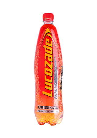 LONDON, UK - NOVEMBER 17, 2016: Lucozade Original Energy Drink shot in studio on white backgroundのeditorial素材