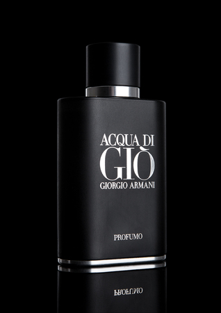 LONDON,UK - DECEMBER 06, 2016: Giorgio Armani, Acqua di Gio fragrance for men is one of the evergreen bestselling perfumes worldwide on blackのeditorial素材