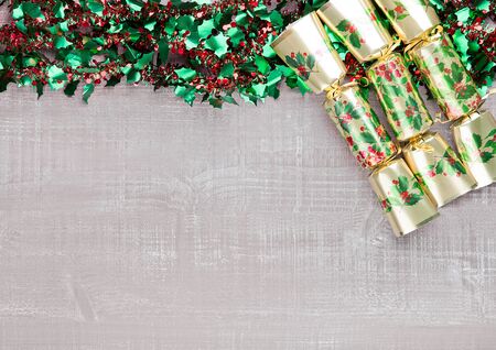 Christmas decoration yellow and green on wooden background.Toys.Stars.Ballsの写真素材